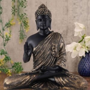 The Inaara Meditating Buddha Statue – Black and Gold Dhyana Mudra Buddha Idol for Home Decor, Living Room & Gifting