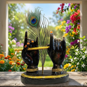 The Inaara Krishna Flute with Hands Idol – Black & Gold Religious Showpiece with Peacock Feather for Home Decor, Puja, and Gifting