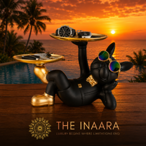 The Inaara Luxury French Bulldog Tray Organizer – Black & Gold Key, Watch & Sunglasses Holder for Home Decor
