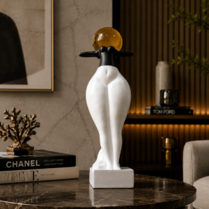The Inaara Modern Abstract Female Figurine Sculpture with Amber Glass Ball – Luxury Resin Home Decor Showpiece for Living Room & Office
